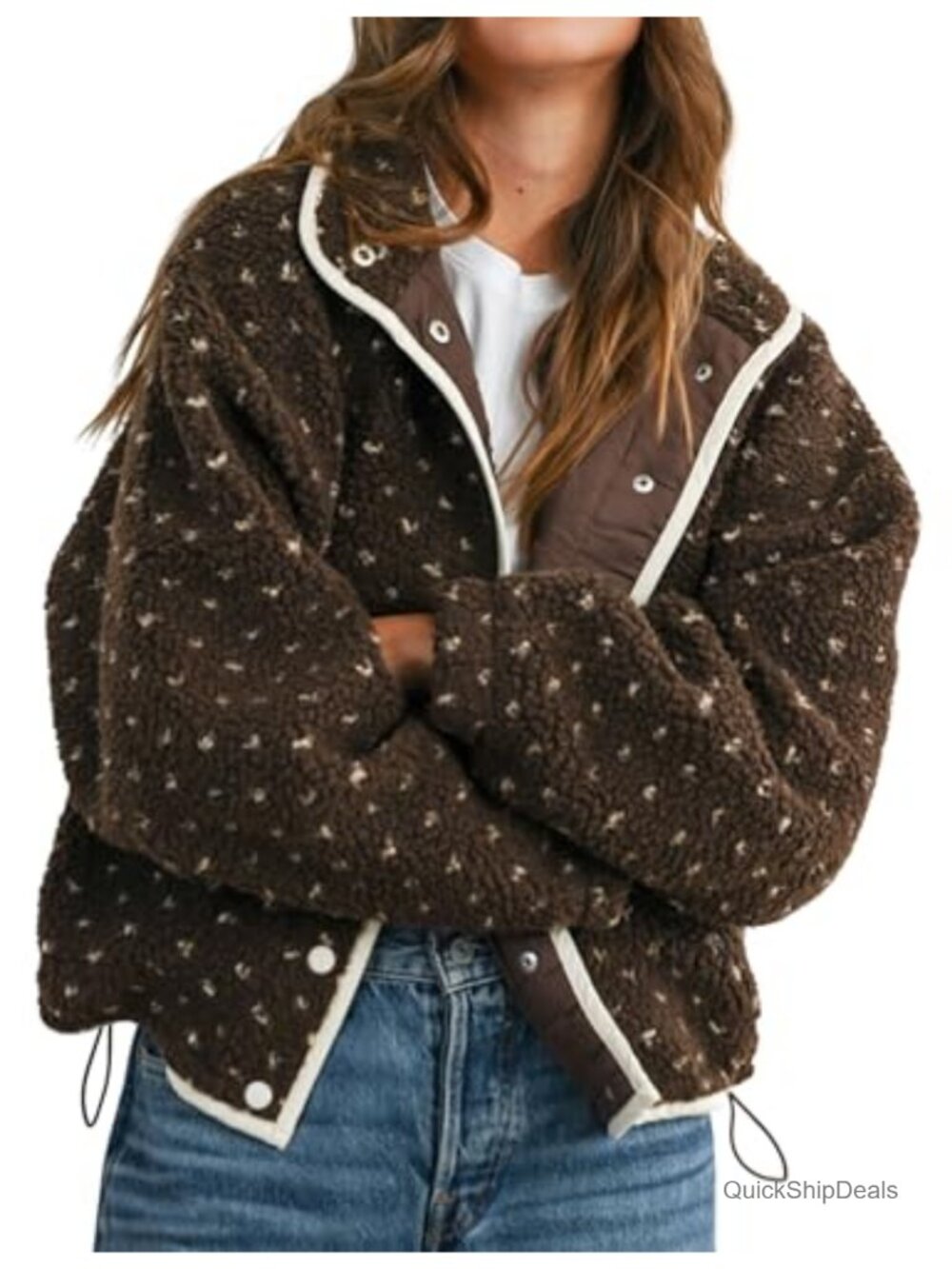 Women's Fleece Jacket Lapel Collar Sherpa Quilted Outerwear Long Sleeve Button